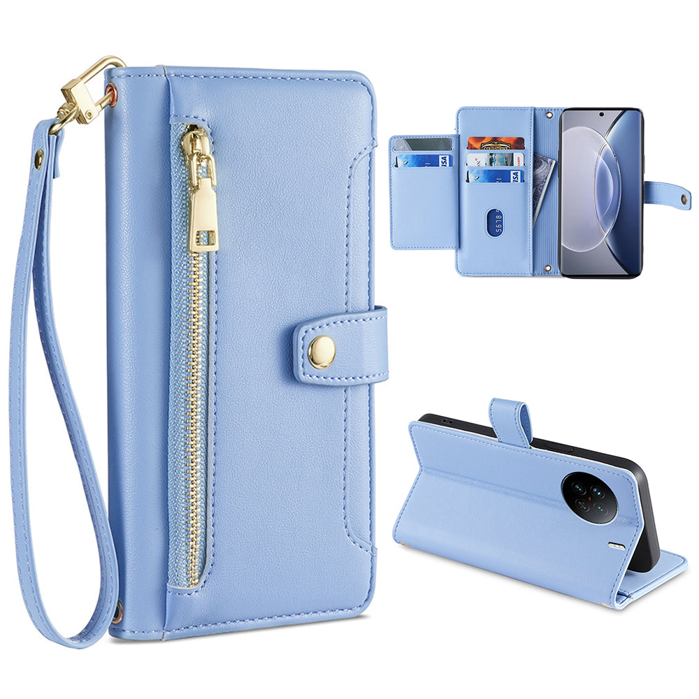 For vivo X90 5G PU Leather Stand Case Zipper Pocket Card Slots Well-protected Flip Phone Cover with Wrist Strap and Shoulder Strap For vivo X90 5G PU Leather Stand Case Zipper Pocket Card Slots Well-protected Flip Phone Cover with Wrist Strap and Shoulder Strap